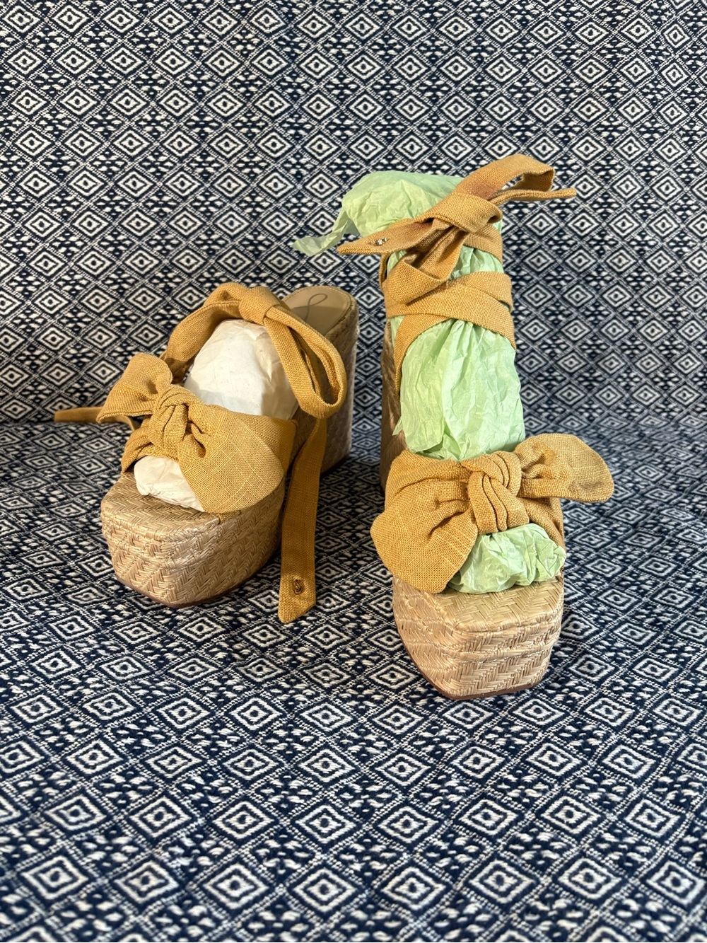 Sam Edelman Mustard Yellow Espadrille Platform Sandals with Bow Ties
